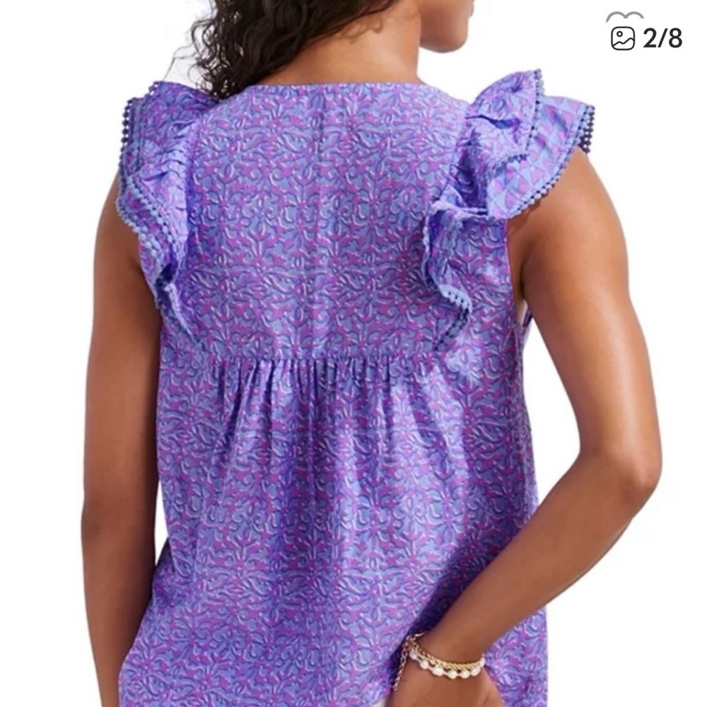 Vineyard Vine Anegada Block Print Ruffled Top, Notched Neck XS in Blue/pink - Picture 2 of 9
